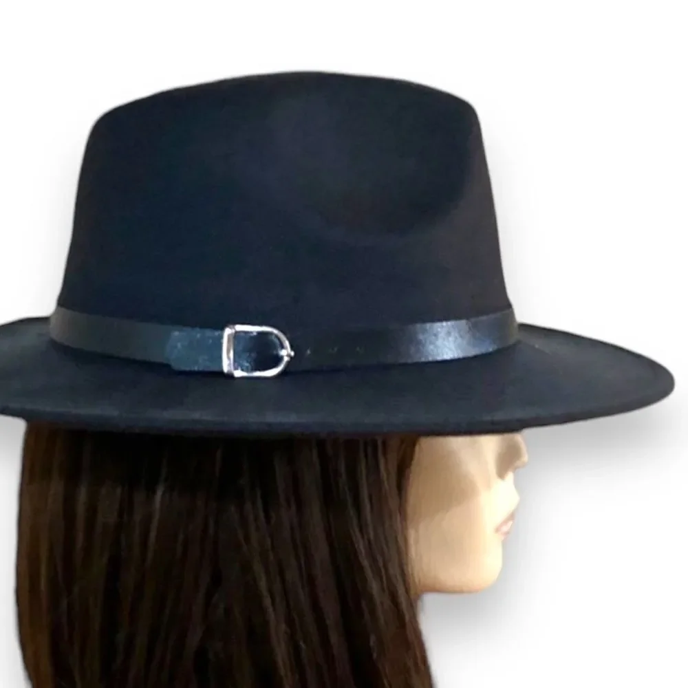 Black Wide Brim Tall Dented Crown Black Buckle Band Fedora Hat NEW